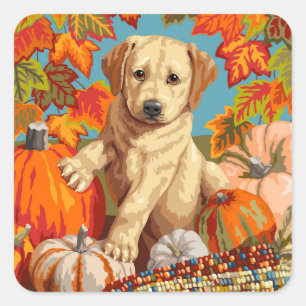 Cute Labrador Retriever Puppy Autumn Harvest Square Sticker