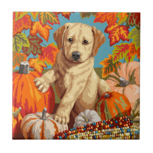 Cute Labrador Retriever Puppy Autumn Harvest Tile