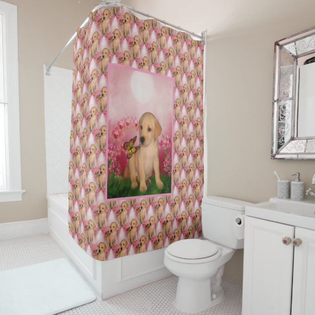Cute Labrador Retriever Puppy Butterfly Pattern  Shower Curtain (In Situ)