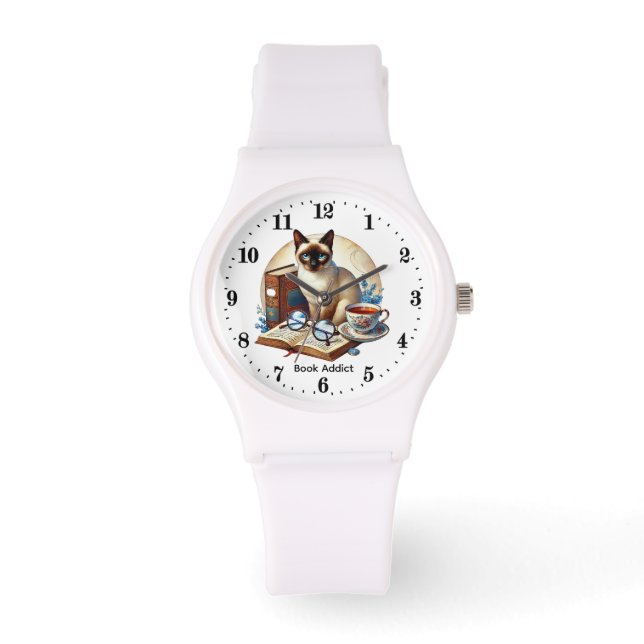 Cute ladies cat book addict customizable watch (Front)
