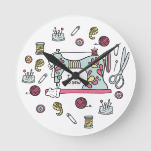 Cute Ladies Or Girls Sewing Craft Theme Round Cloc Round Clock