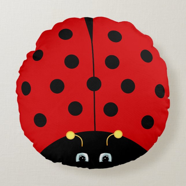 Cute Lady Bug Cartoon in Black & Red Round Cushion (Front)