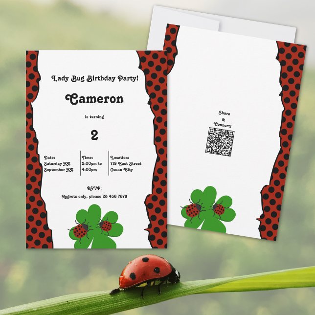 Cute Lady Bug Party 2nd Birthday Invitation Card (Cute Lady Bug Tear Edge 2nd Birthday Party Invitation, 5x7 Inch, Portrait Format, Flat Card)