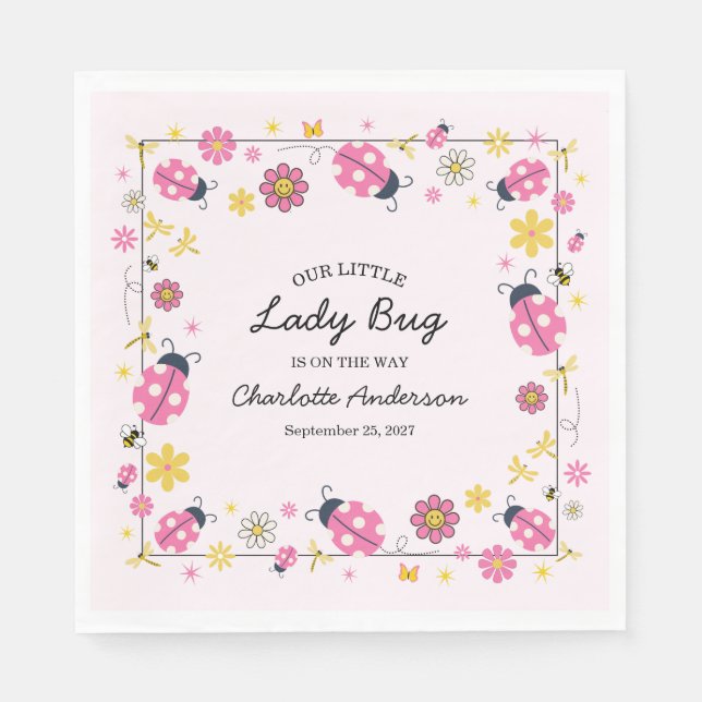 Cute Lady Bug Pink Girl Baby Shower Napkin (Front)