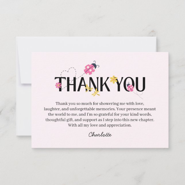 Cute Lady Bug Pink Girl Baby Shower  Thank You Card (Front)