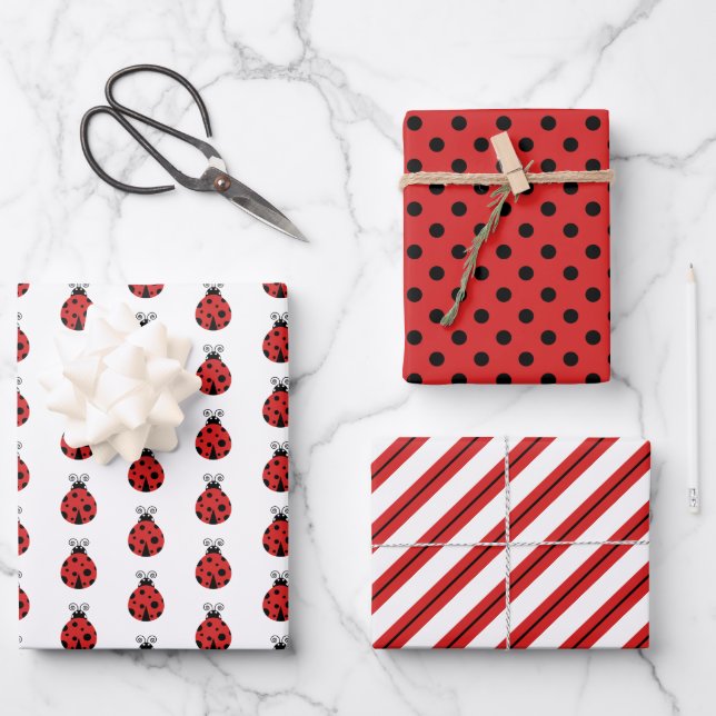 Cute Lady Bugs Polka Dots Stripes Wrapping Paper Sheet (Front)