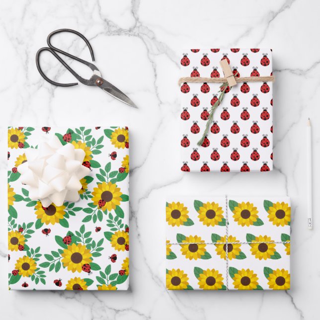 Cute Lady Bugs & Sunflowers Patterns Wrapping Paper Sheet (Front)
