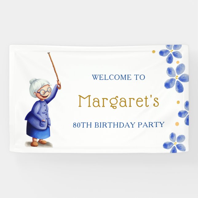 Cute Lady Floral 80th Birthday Banner (Horizontal)