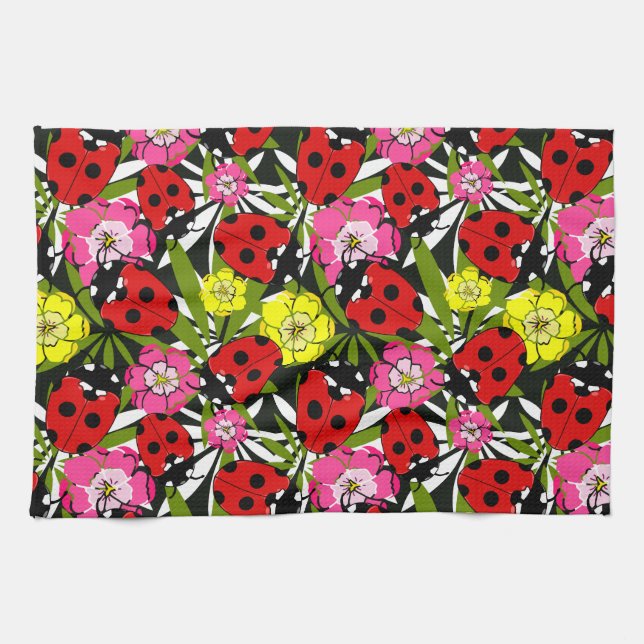 Cute Ladybirds and Flowers Pattern Tea Towel (Horizontal)