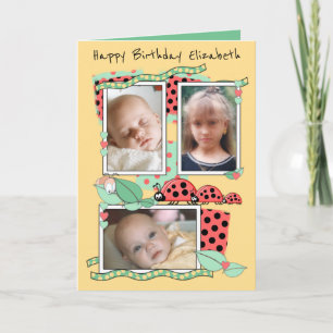 Cute ladybirds with name and photos greeting card