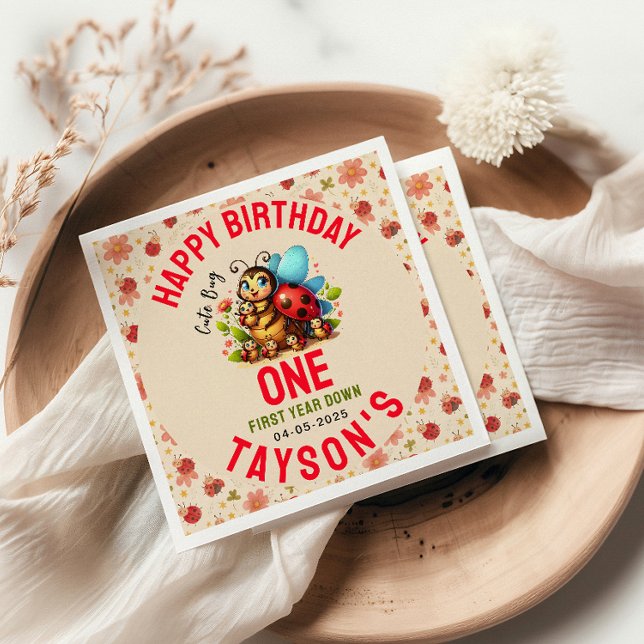 Cute Ladybug 1st Birthday | Bug Theme Party Napkin (Creator Uploaded)