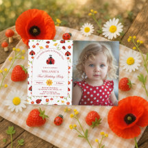 Cute Ladybug 1st Birthday Photo Invitation