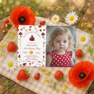 Cute Ladybug 1st Birthday Photo Invitation