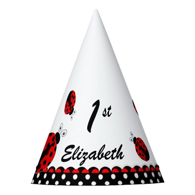 Cute Ladybug 1st Birthday Polka Dots Name | Number Party Hat (Front)