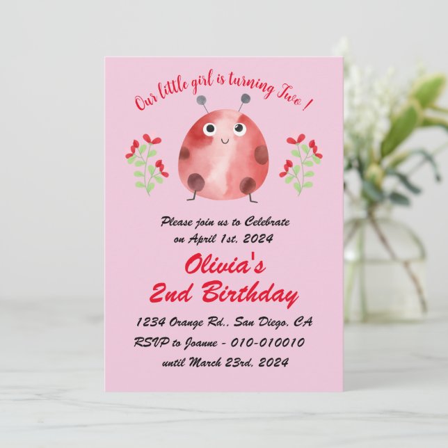 Cute Ladybug 2nd Birthday Party Invitation (Standing Front)