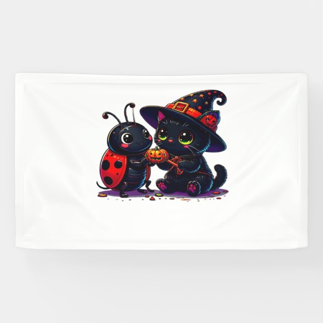 Cute Ladybug and Black Cat Halloween Classic T-Shi Banner (Horizontal)