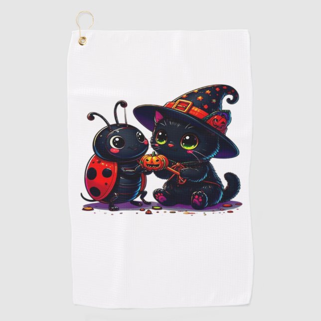 Cute Ladybug and Black Cat Halloween Classic T-Shi Golf Towel (Front)