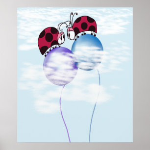 Cute Ladybug And Colorful Balloons Cartoon Poster