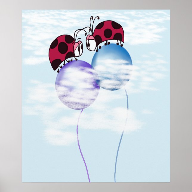 Cute Ladybug And Colorful Balloons Cartoon Poster (Front)