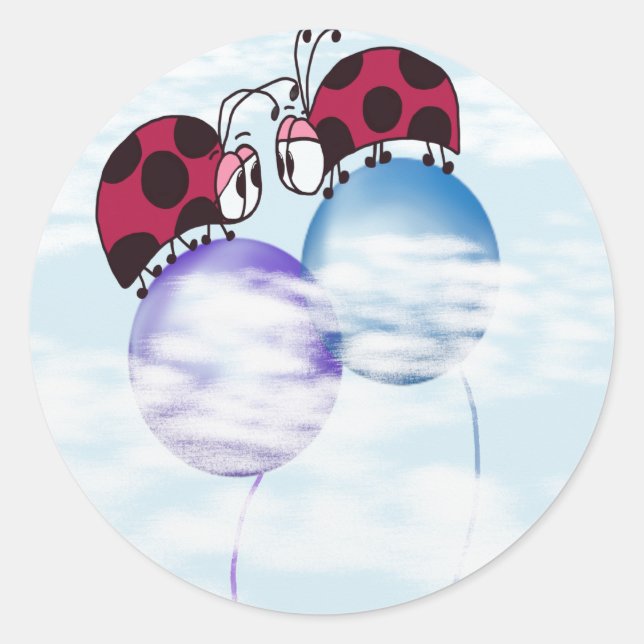 Cute Ladybug And Colourful Balloons Cartoon Classic Round Sticker (Front)