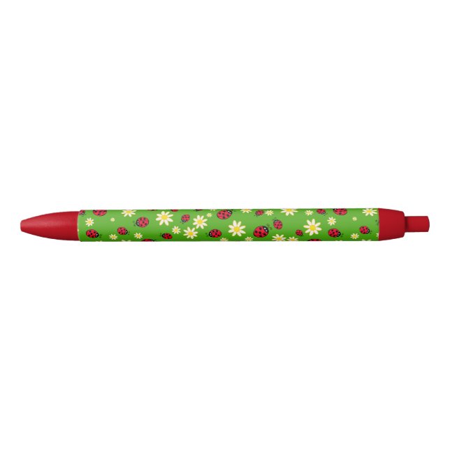 cute ladybug and daisy flower pattern green black ink pen (Front)