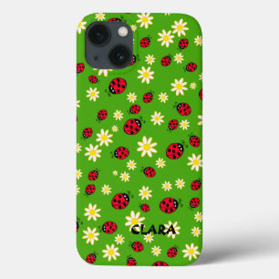 cute ladybug and daisy flower pattern green iPhone 13 case