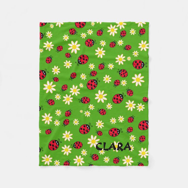 cute ladybug and daisy flower pattern green fleece blanket (Front)
