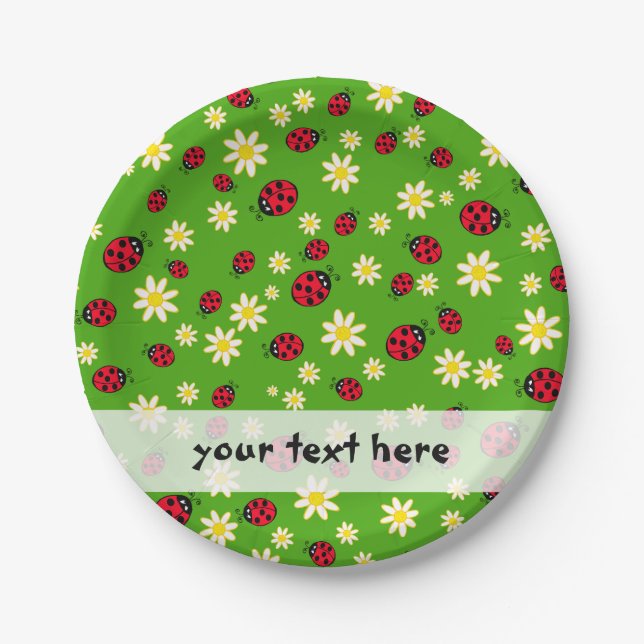 cute ladybug and daisy flower pattern green paper plate (Front)