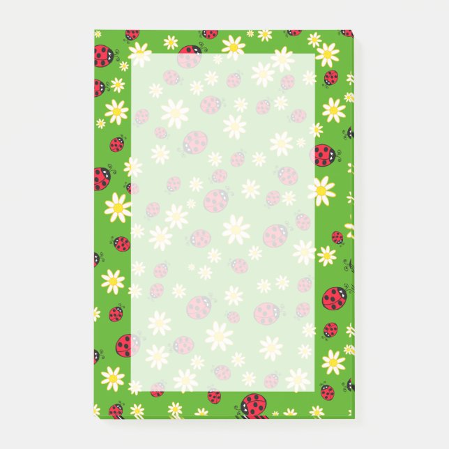 cute ladybug and daisy flower pattern green post-it notes (Front)