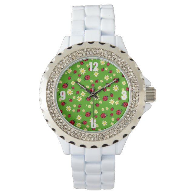 cute ladybug and daisy flower pattern green watch (Front)