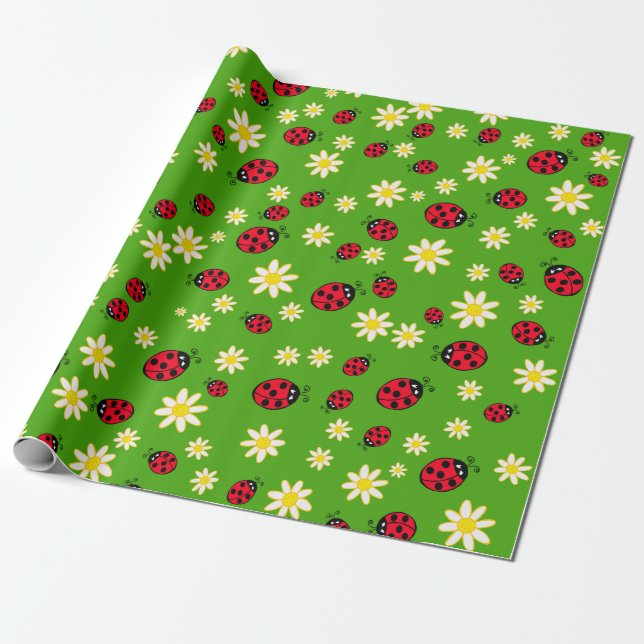 cute ladybug and daisy flower pattern green wrapping paper (Unrolled)