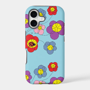 Cute Ladybug and Flowers Light Blue