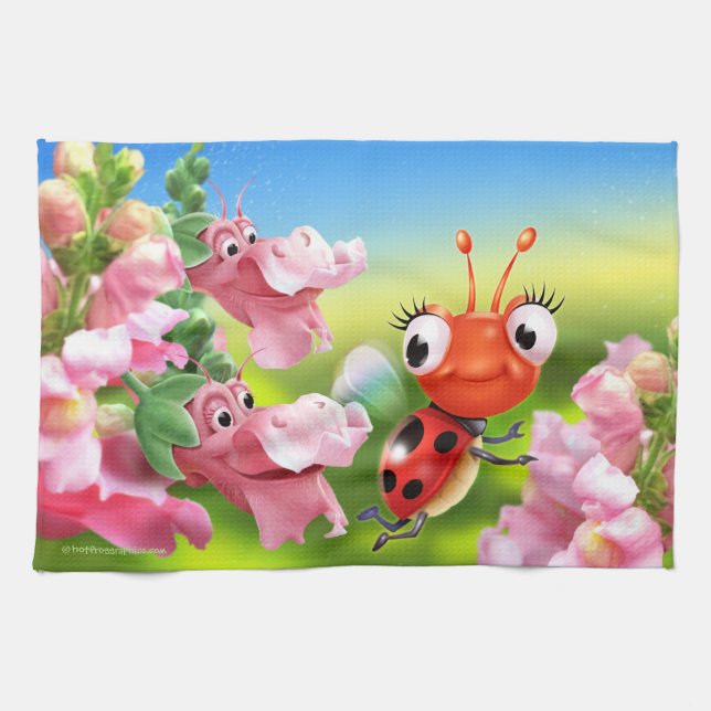 Cute Ladybug and friendly Snap Dragons T towel (Horizontal)
