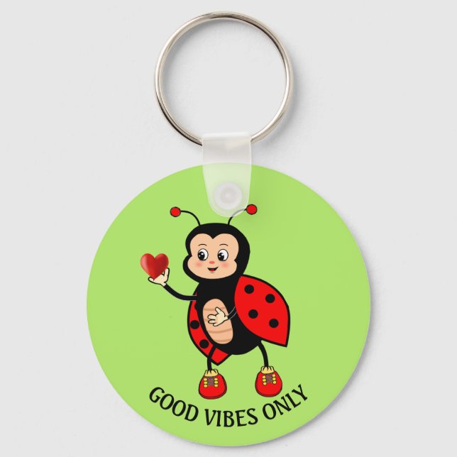 Cute Ladybug and Heart on Green Key Ring (Front)