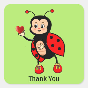 Cute Ladybug and Heart on Green Thank You Square Sticker