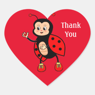 Cute Ladybug and Heart on Red Thank You Heart Sticker