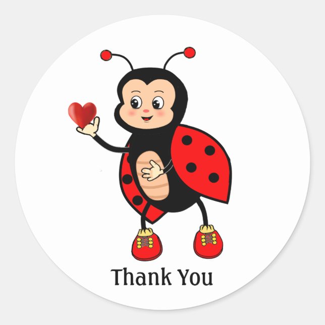 Cute Ladybug and Heart Thank You Classic Round Sticker (Front)