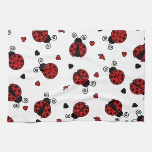 Cute Ladybug and Hearts Pattern Tea Towel