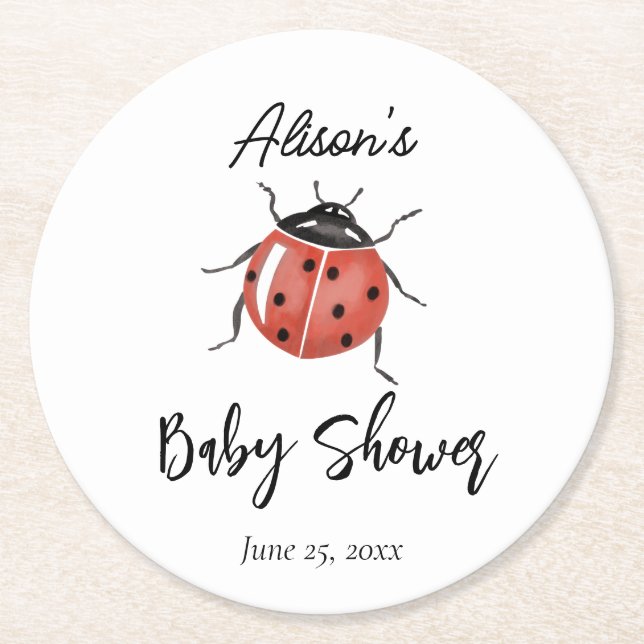 Cute Ladybug Baby Shower Round Paper Coaster (Front)