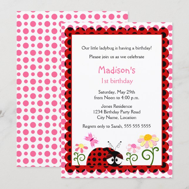 Cute Ladybug Birthday Party Invitation (Front/Back)