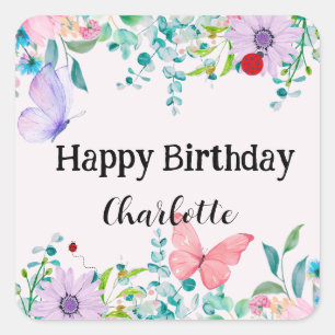 Cute Ladybug Butterfly colourful flower Birthday Square Sticker