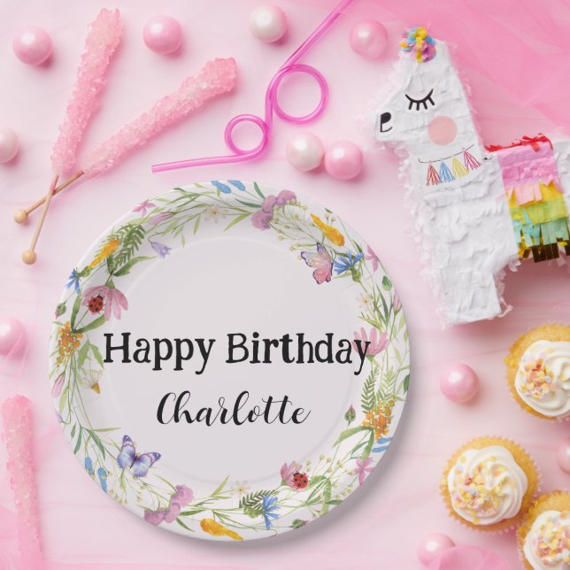 Cute Ladybug Butterfly Daisy floral Rustic Pattern Paper Plate (Party)