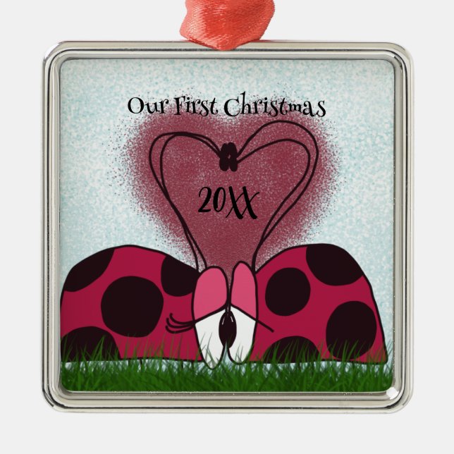 Cute Ladybug Couple  Metal Tree Decoration (Front)