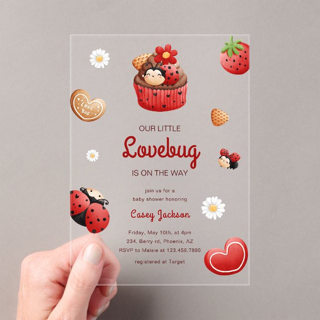 Cute Ladybug Cupcake Flowers Baby Shower Acrylic Invitations (Insitu (Handheld))