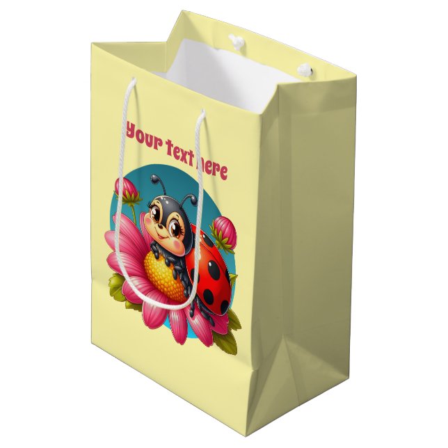 Cute ladybug customisable girl party medium gift bag (Front Angled)