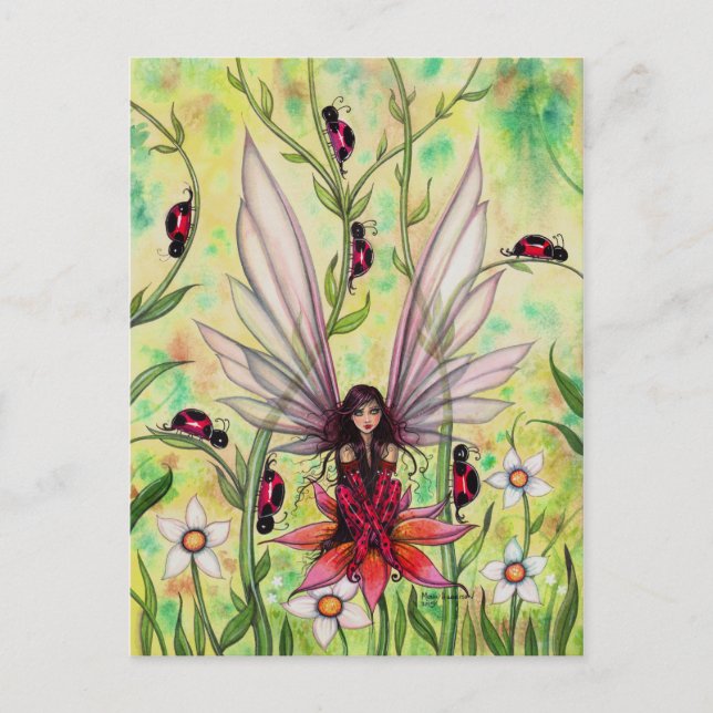 Cute Ladybug Fairy Fantasy Art Illustration Postcard (Front)