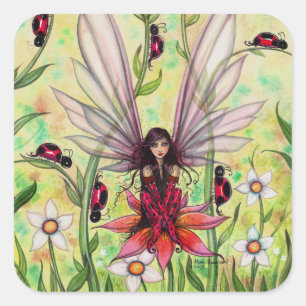 Cute Ladybug Fairy Fantasy Art Illustration Square Sticker