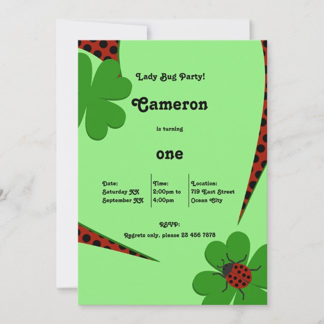 Cute Ladybug First Birthday Party Invite Card (Front)