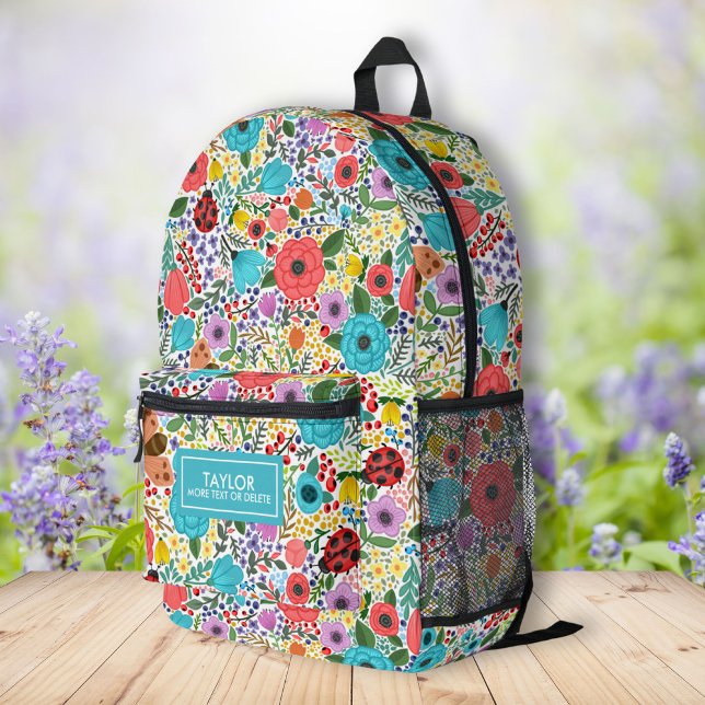 Cute Ladybug Floral Pattern Personalised Name Text Printed Backpack (Creator Uploaded)