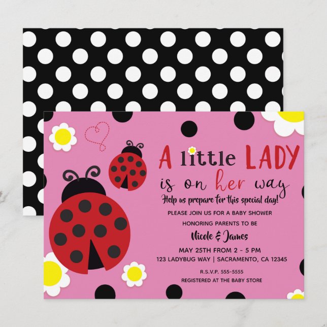 Cute Ladybug Flower Pink Girls Baby Shower Invitat Invitation (Front/Back)